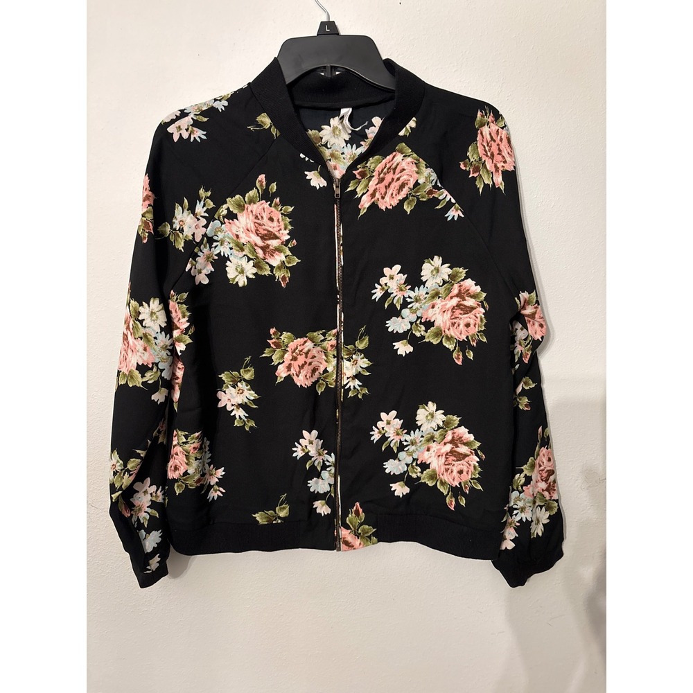 Live 4 Truth Bomber Jacket Womens Medium Black Excellent Floral Zip Up Raglan